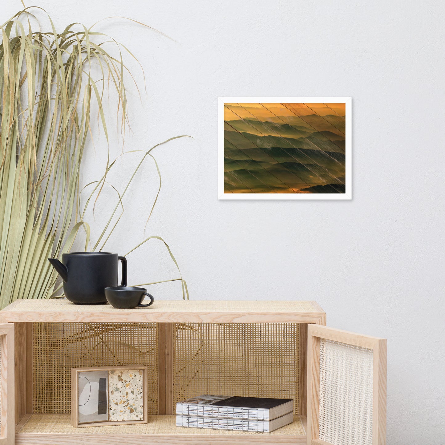 Faux Wood Foggy Mountain Layers at Sunset Landscape Framed Photo Paper Wall Art Prints
