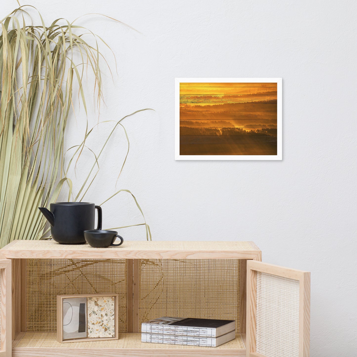 Faux Wood Golden Mist Valley - Hills & Mountain Range Framed Photo Wall Art Prints