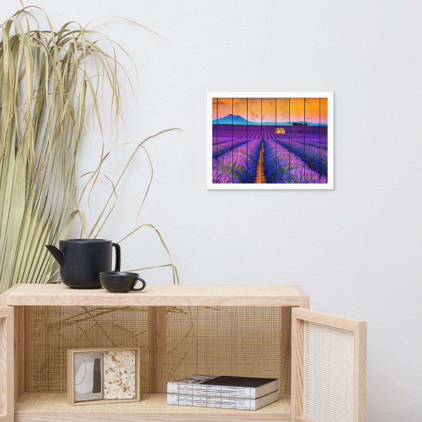 Faux Wood Lavender Fields and Sunset Landscape Framed Photo Paper Wall Art Prints