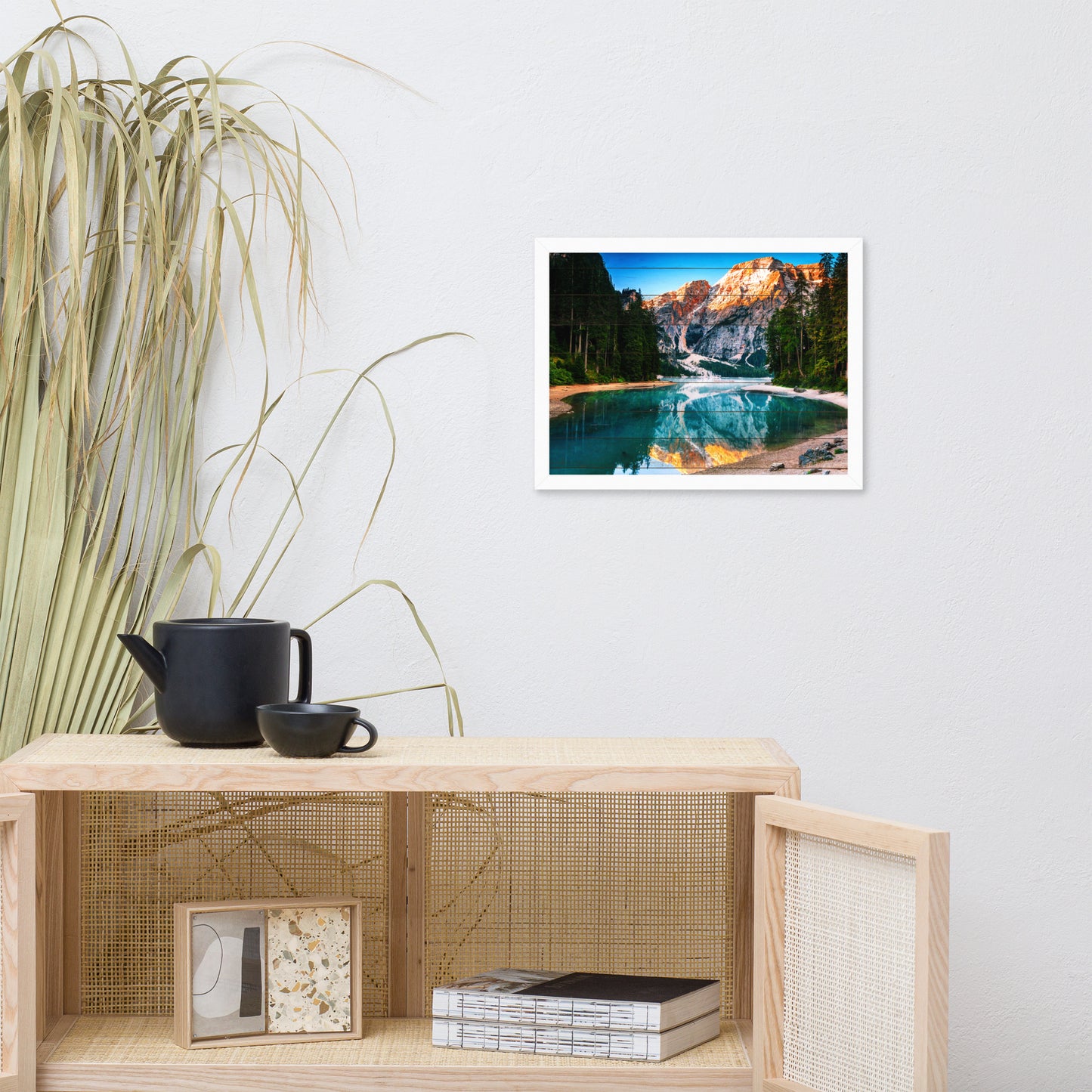 Faux Wood Misty Lake and Snowcap Mountain Reflections Framed Photo Paper Wall Art Prints