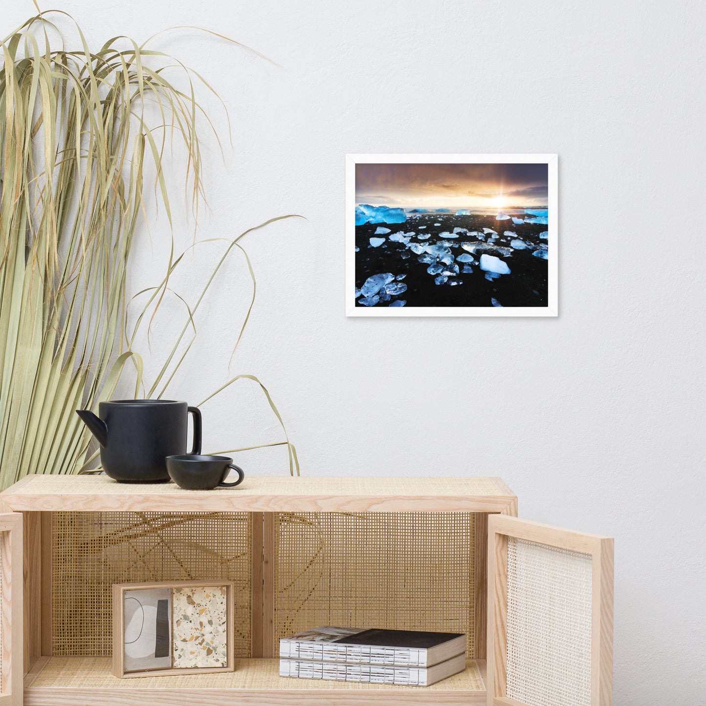 Fire and Ice Black Sand Sunset Coastal Landscape Framed Photo Paper Wall Art Prints
