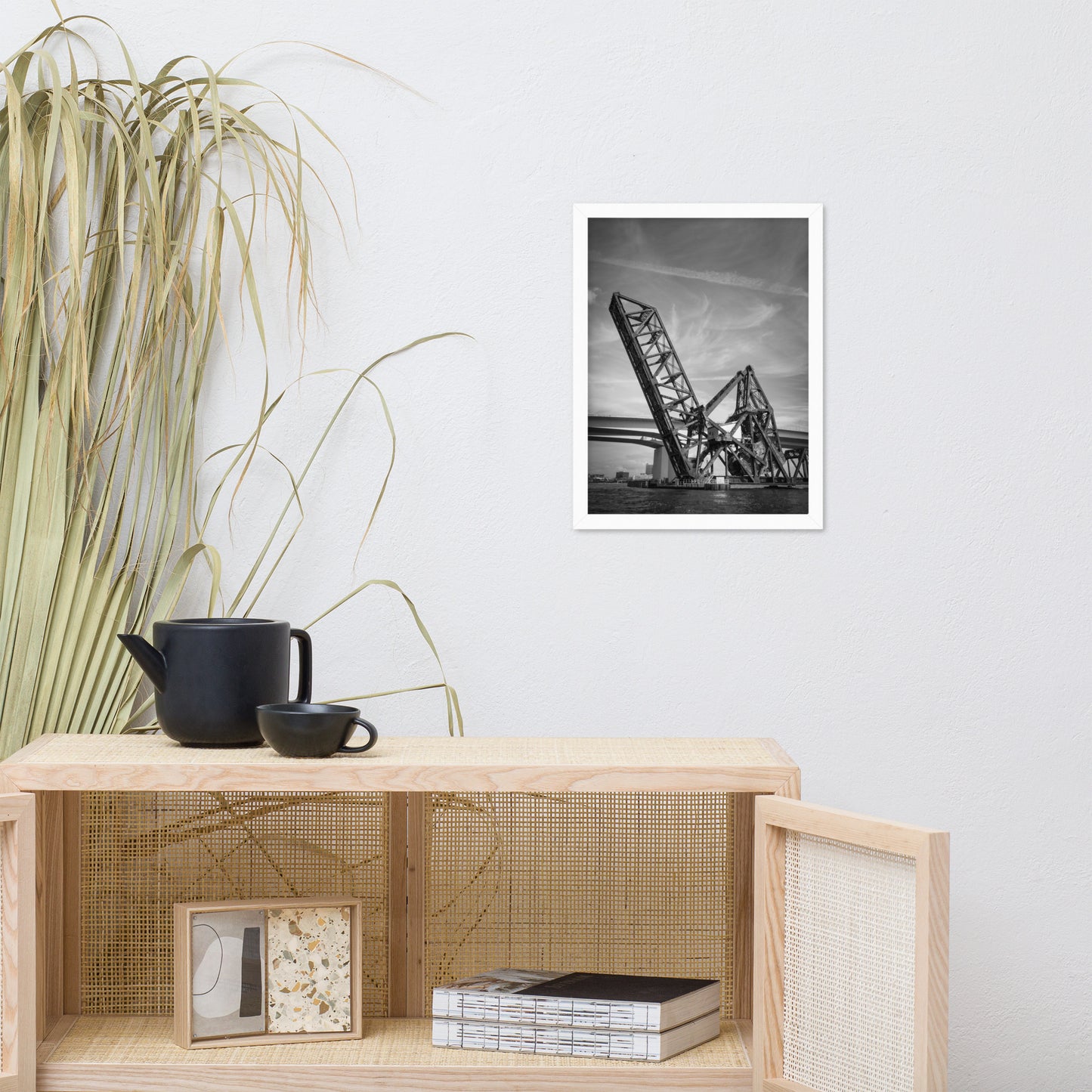 Train Drawbridge Jacksonville 2 Black and White Framed Wall Art Print