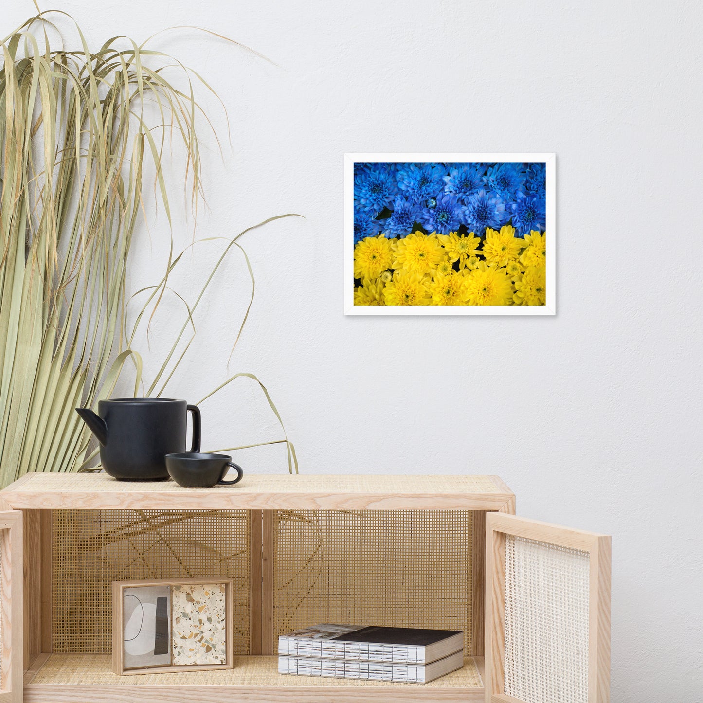 Blue and Yellow Chrysanthemums For Ukraine Refugees Nature Photo Framed Wall Art Print