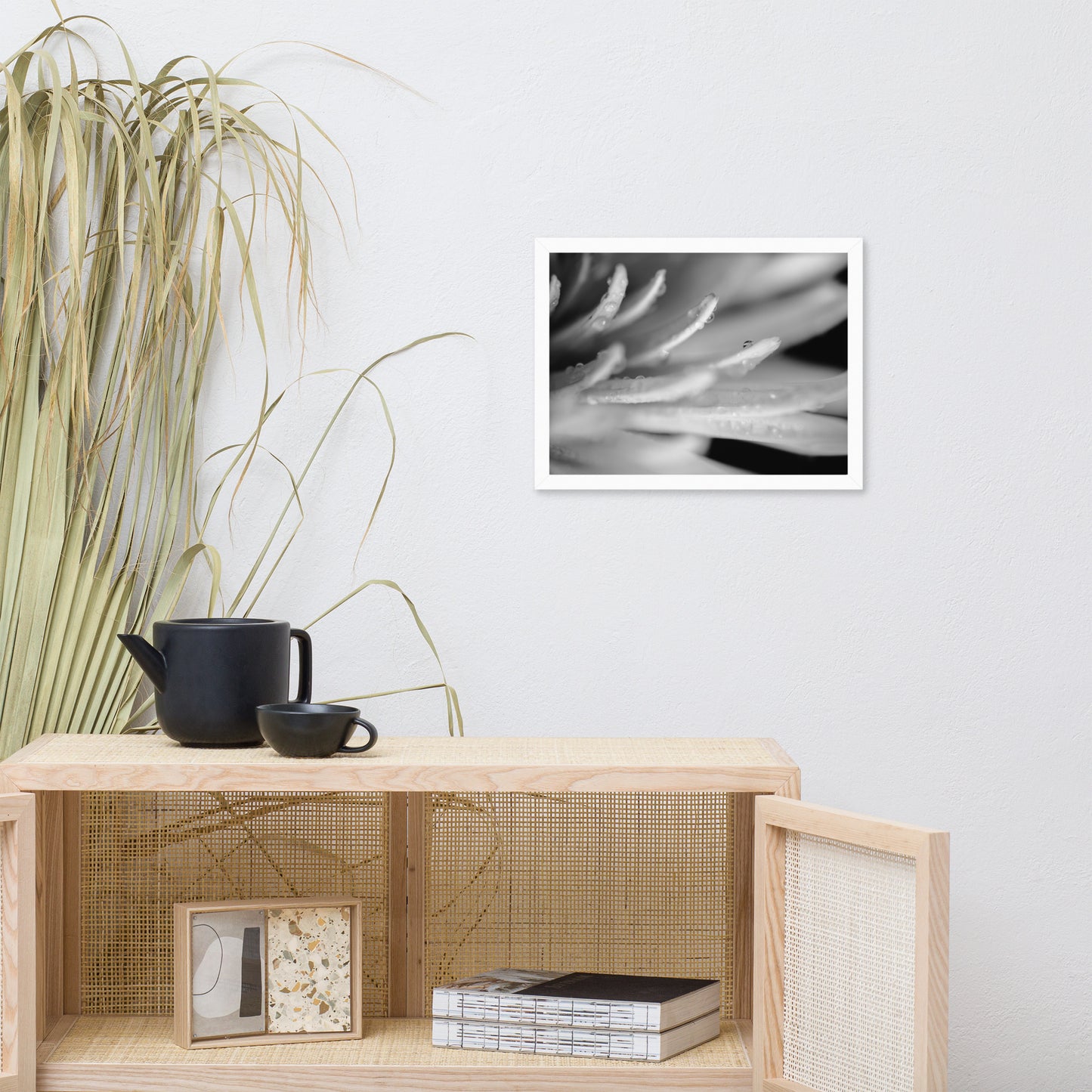 Droplets on Petals Black and White Floral Nature Photo Framed Wall Art Print