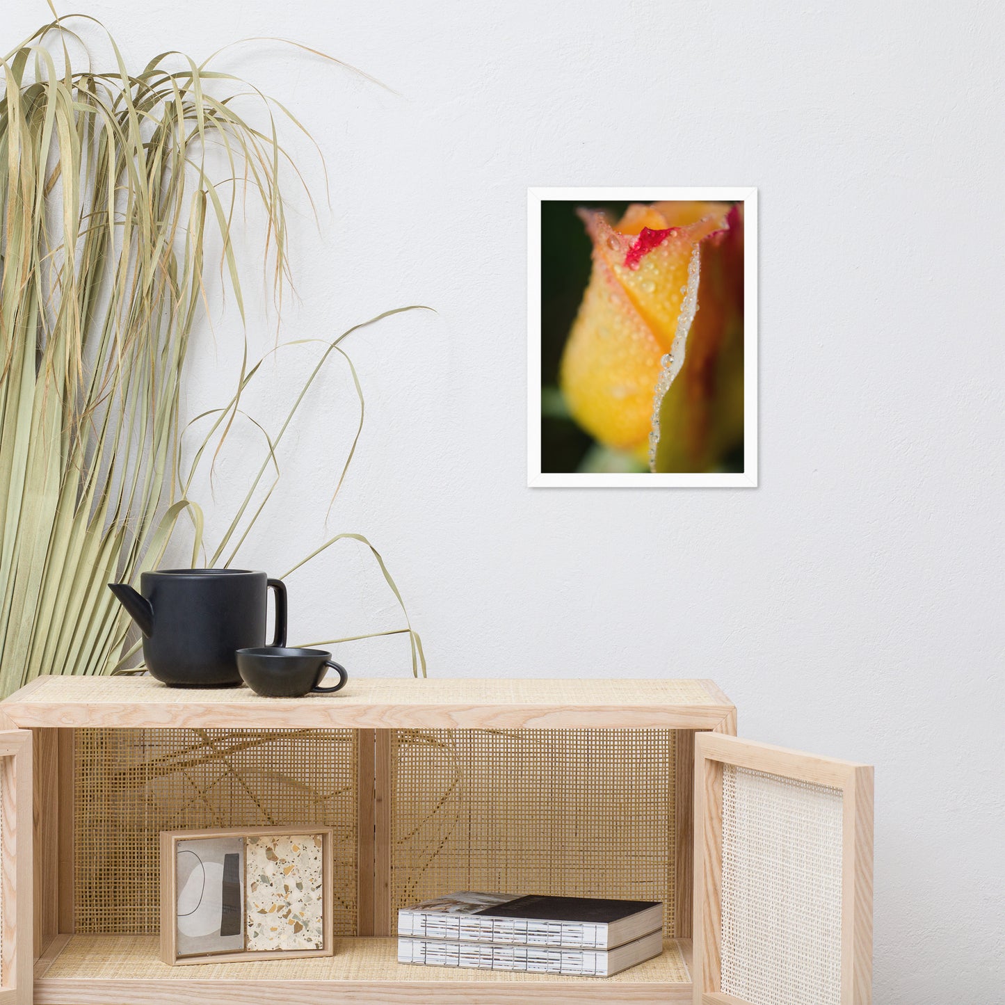 Dew on Yellow Rose Floral Nature Photo Framed Wall Art Print