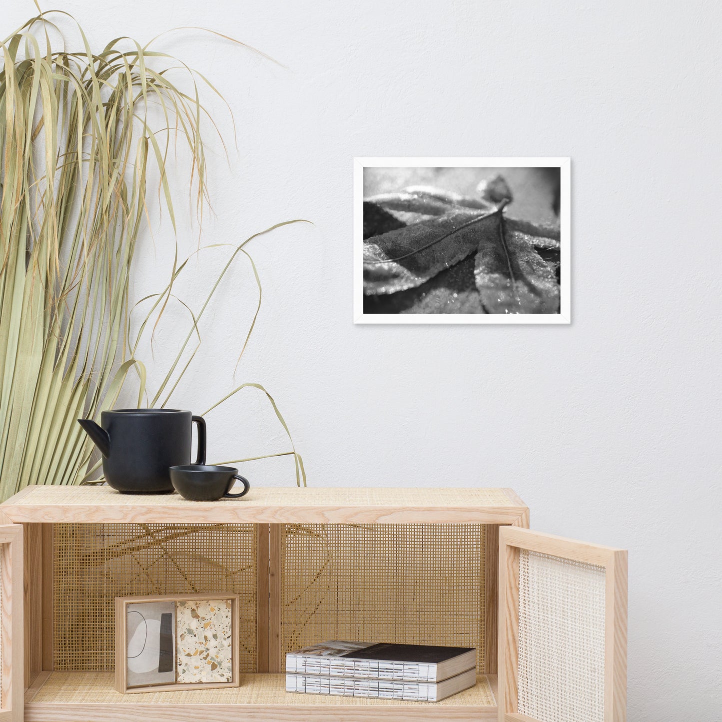 Frost Covered Leaf Black and White Botanical Nature Photo Framed Wall Art Print