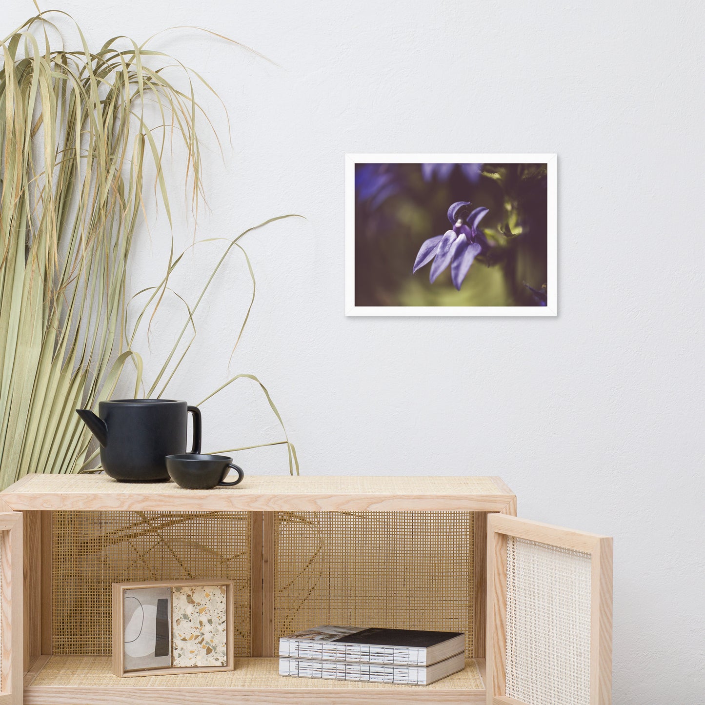 Dramatic Blue Lobelia, Blue Cardinal Flower - Abstract Merlot Effect Floral Nature Photo Framed Wall Art Print