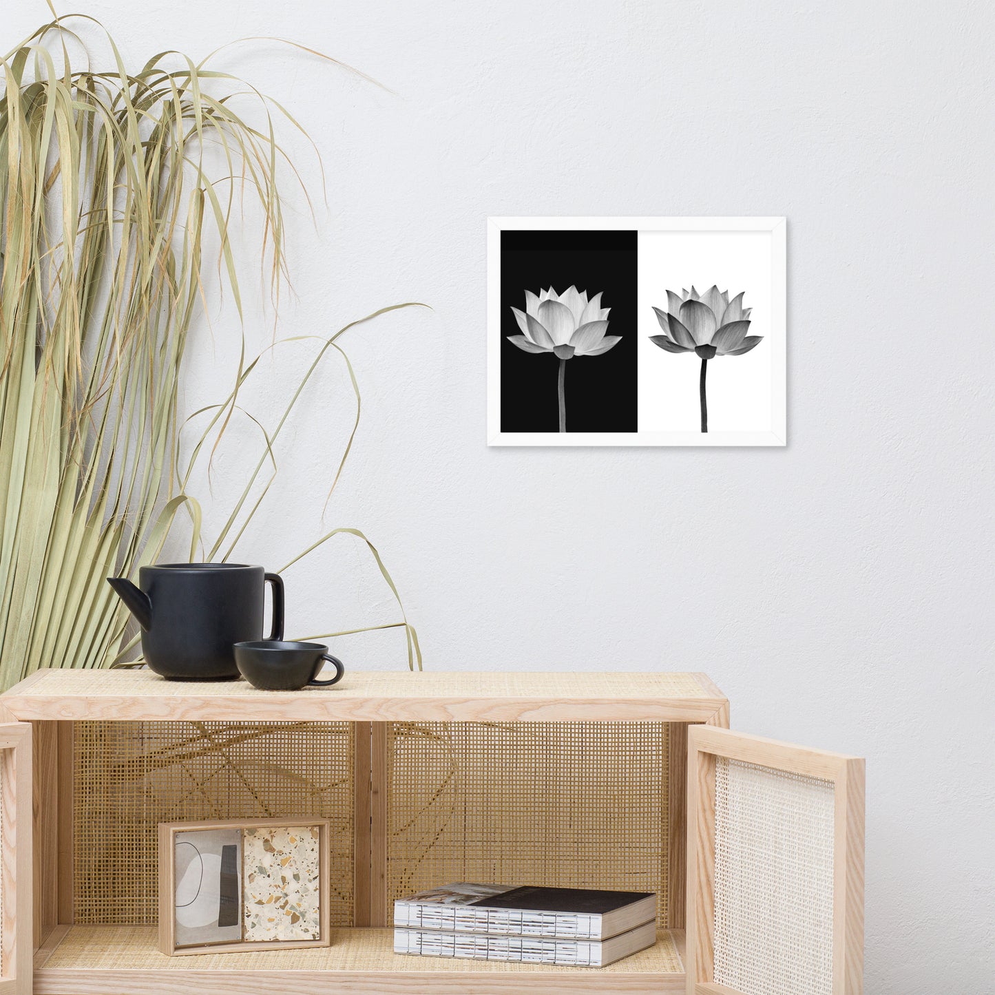 Lotus Flower on Black and White Background Floral Nature Framed Photo Paper Poster