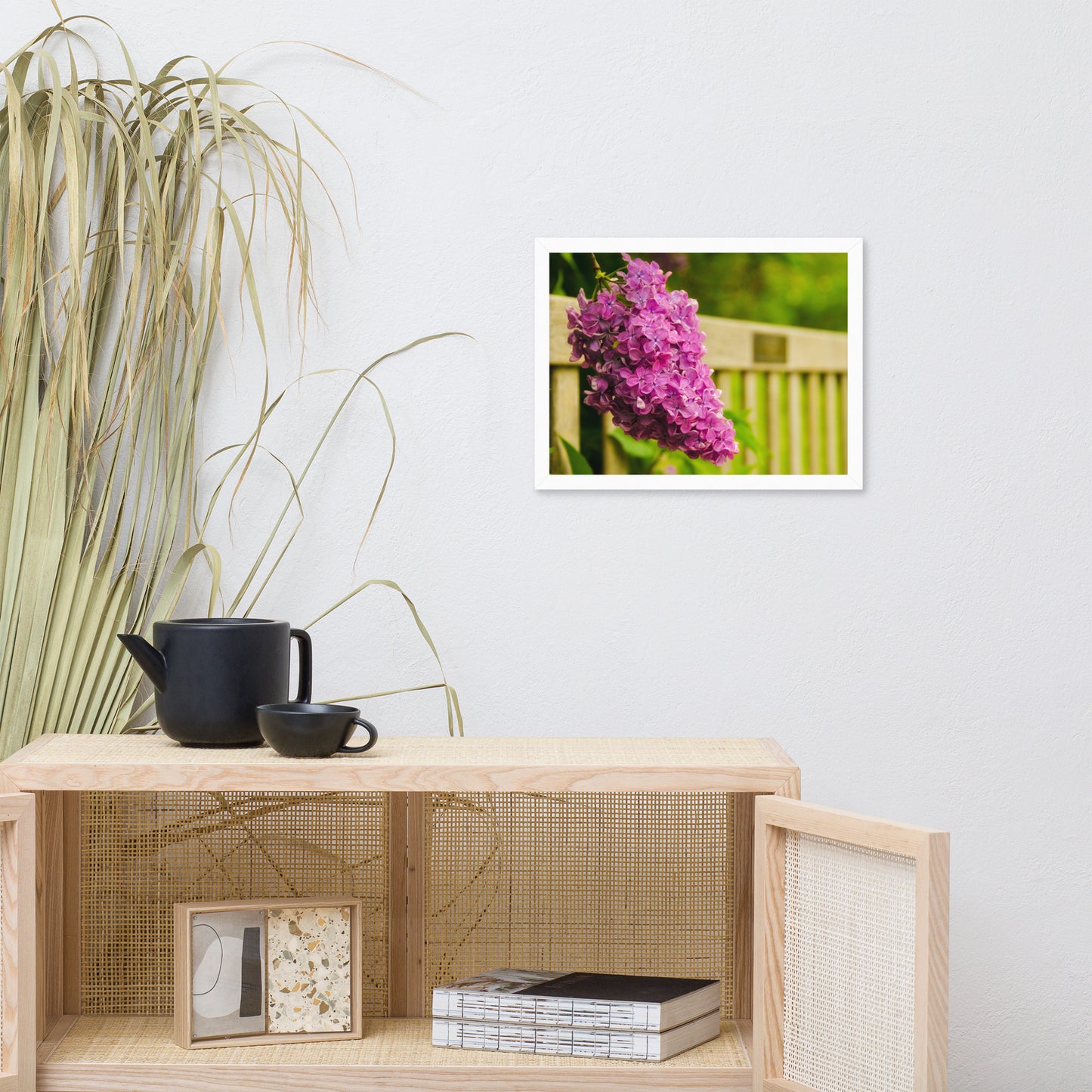 Park Bench with Lilac Floral Nature Photo Framed Wall Art Print