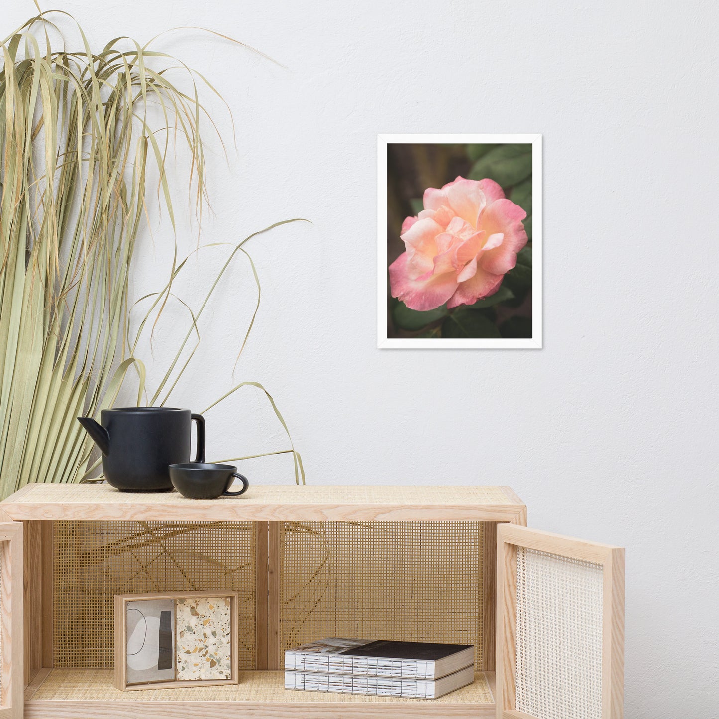 Pink and White Softened Rose Floral Nature Photo Framed Wall Art Print