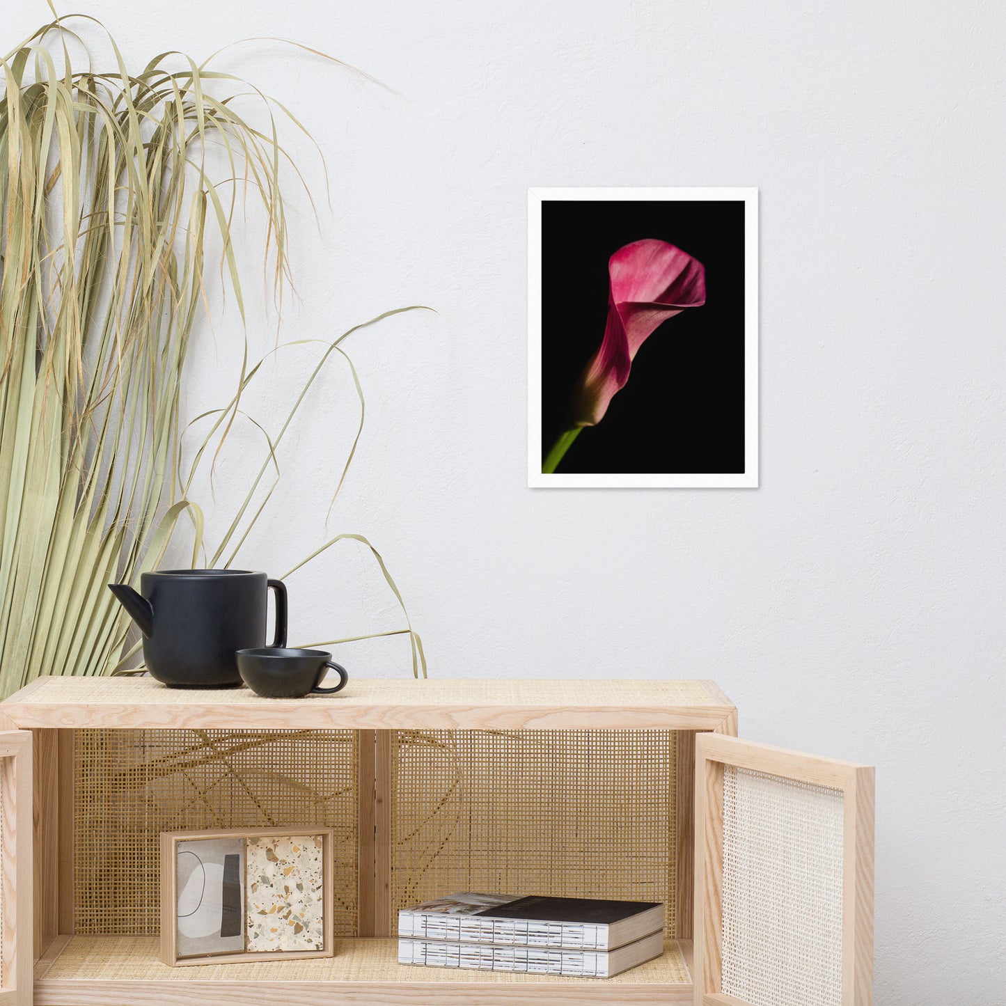 Pink Calla Lily Flower on Black Floral Nature Photo Framed Wall Art Print