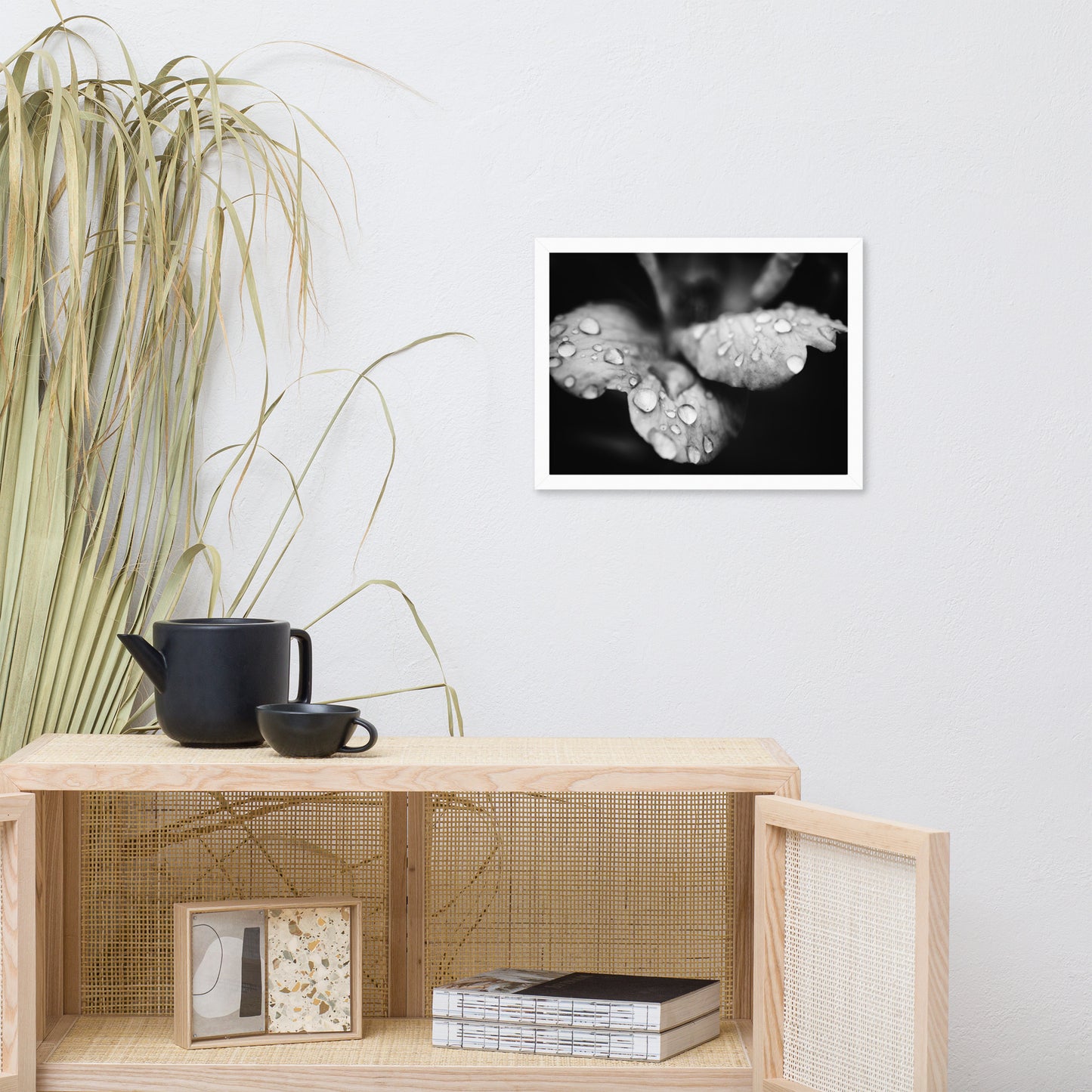 Raindrops on Wild Rose Black and White Floral Nature Photo Framed Wall Art Print