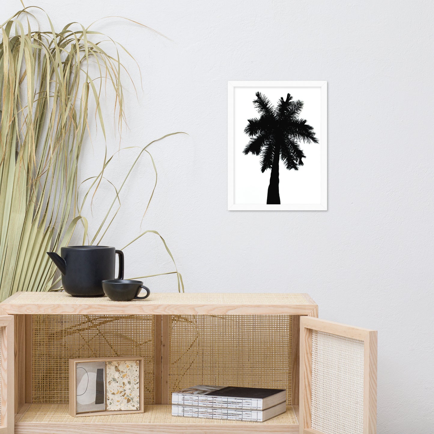 Palm Tree Silhouette on Pure White Botanical Nature Photo Framed Wall Art Print
