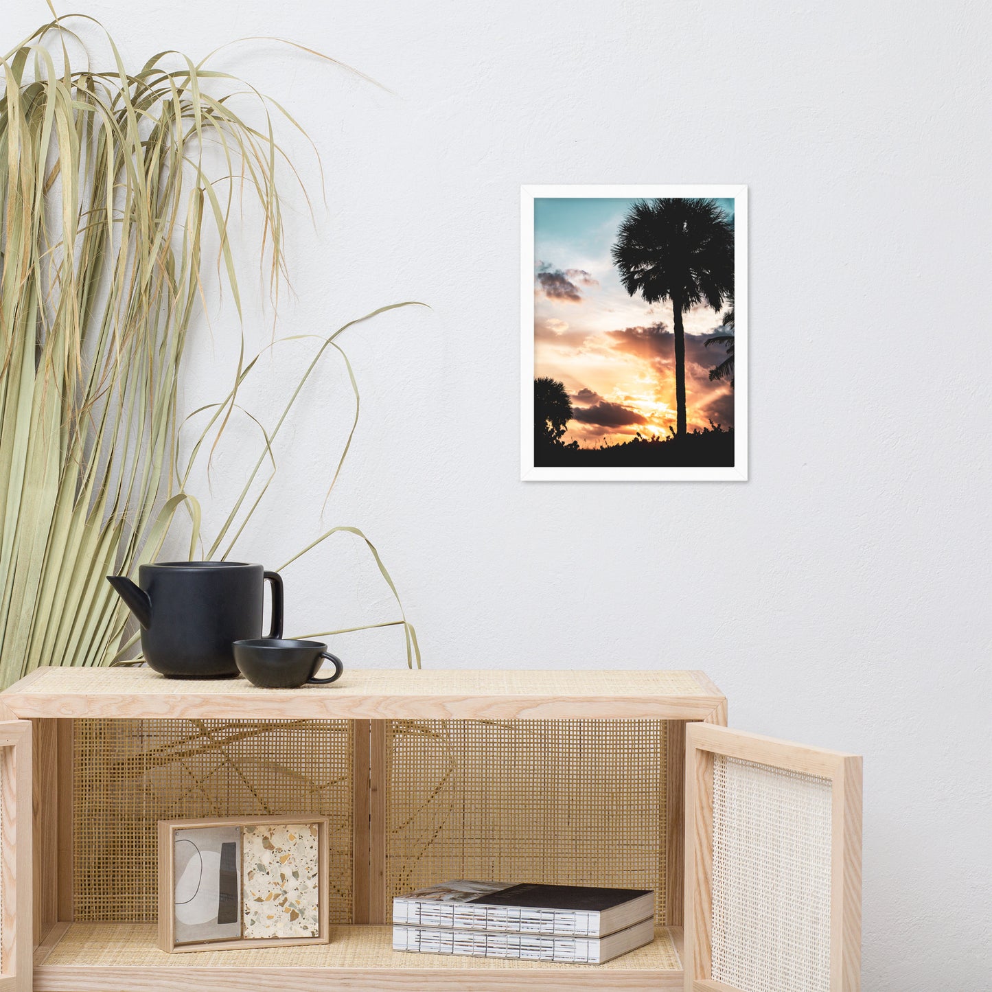 Palm Tree Silhouettes and Sunset Botanical Nature Photo Framed Wall Art Print