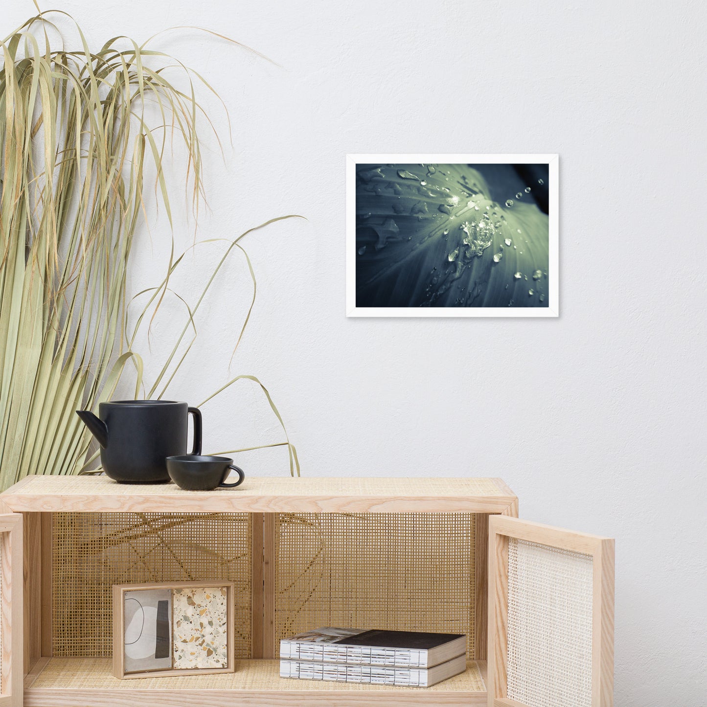 Rain Dropping on Canna Leaf Botanical Nature Photo Framed Wall Art Print