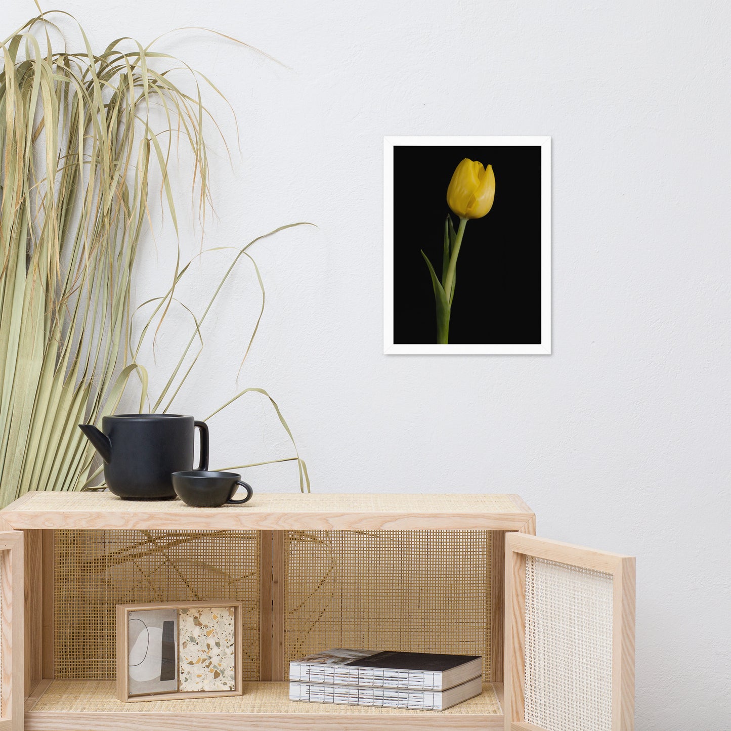 Yellow Tulip on Black Floral Nature Photo Framed Wall Art Print