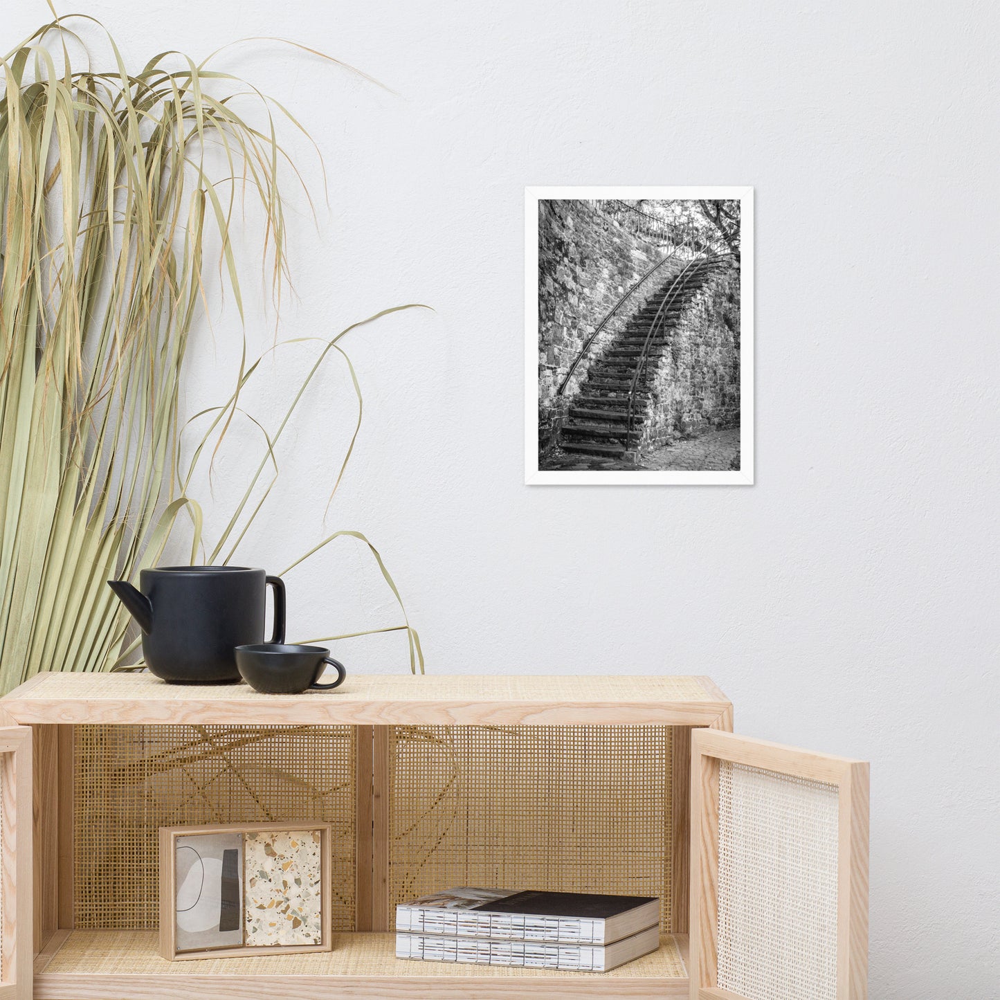 Black and White Old Stone Stairs River Street Savannah Ga Framed Wall Art Print