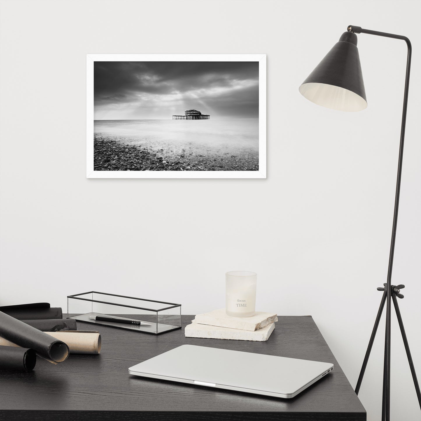 Business Office Wall Decor: Abandoned West Pier Coastal Seascape Landscape Black and White Photograph Framed Wall Art Print