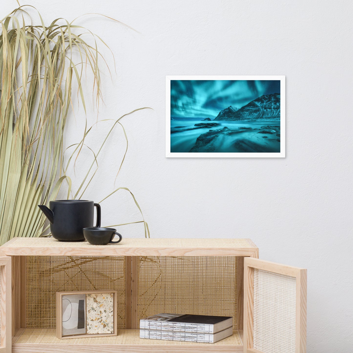 Blue Northern Lights and Mountain Coast Framed Wall Art Prints