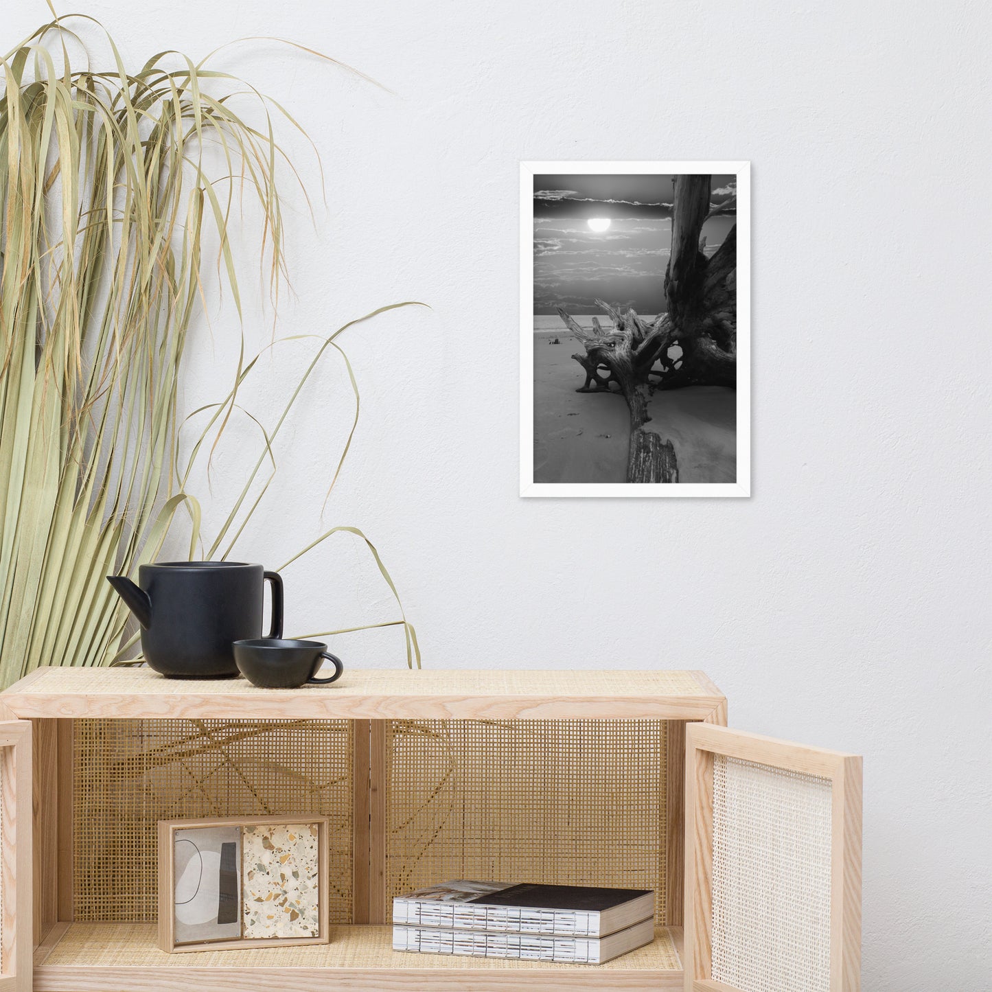 Dried Tree Roots and Sunrise 2 Black and White Landscape Photo Framed Wall Art Print