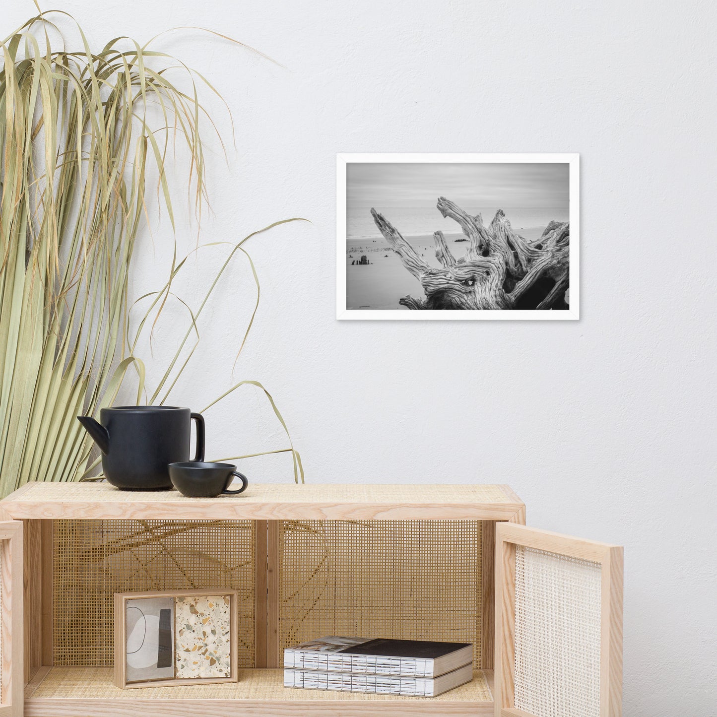 Driftwood on Boneyard Beach Florida 4 Black and White Coastal Landscape Photo Framed Wall Art Print