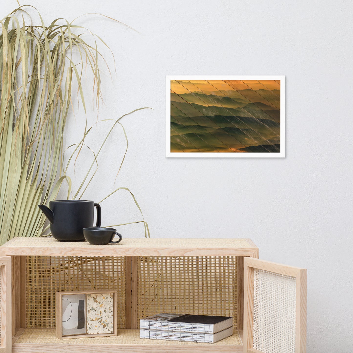 Faux Wood Foggy Mountain Layers at Sunset Landscape Framed Photo Paper Wall Art Prints