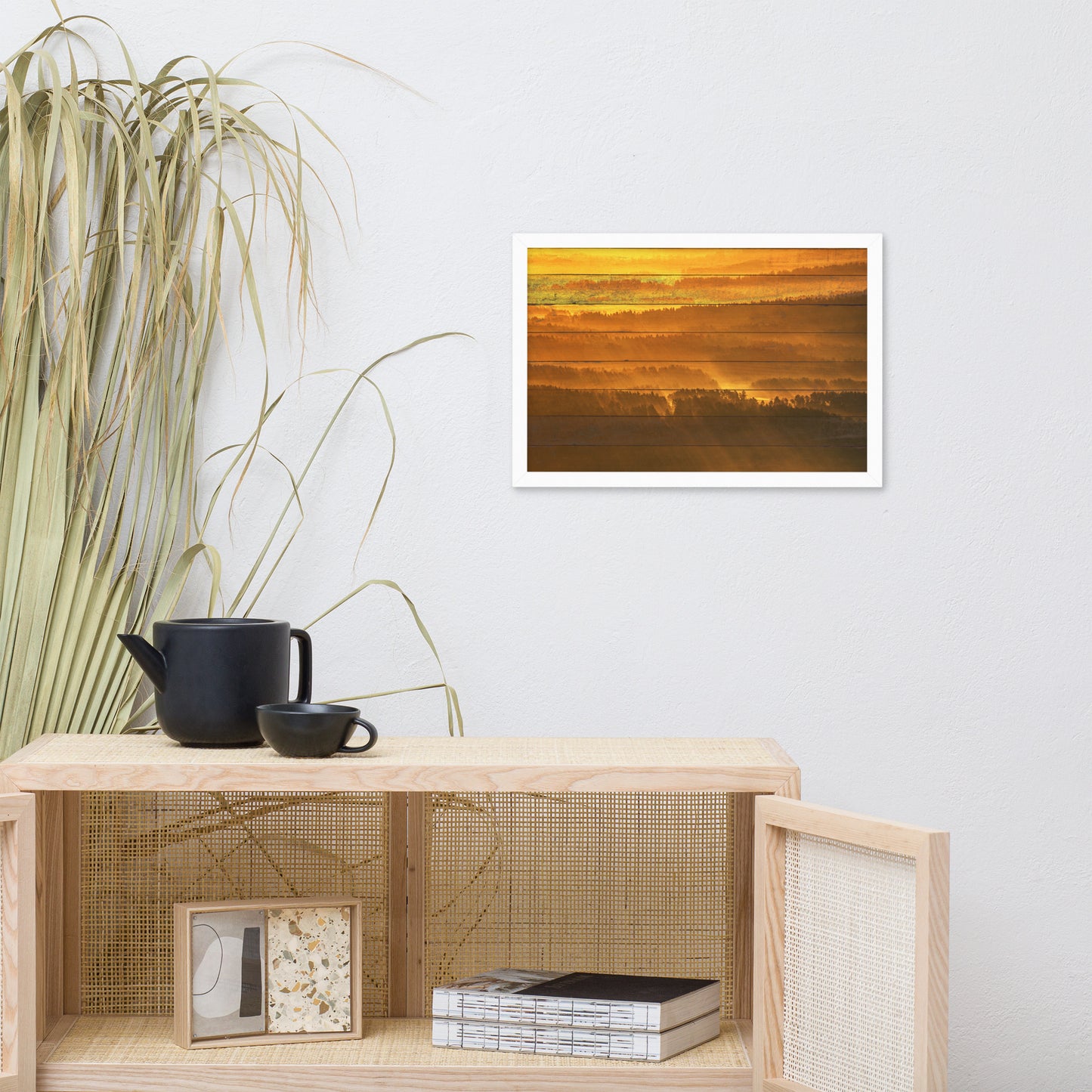 Faux Wood Golden Mist Valley - Hills & Mountain Range Framed Photo Wall Art Prints