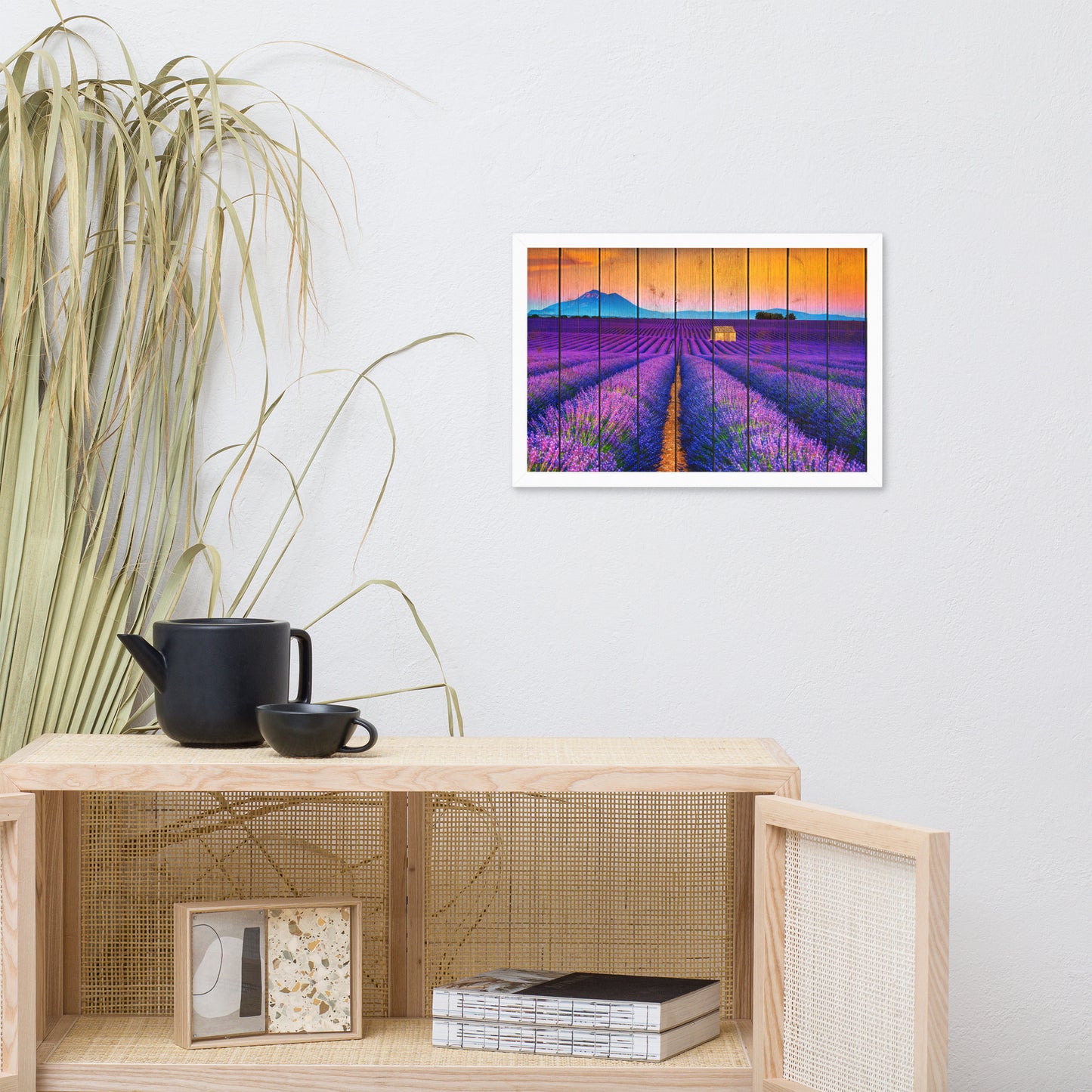 Faux Wood Lavender Fields and Sunset Landscape Framed Photo Paper Wall Art Prints