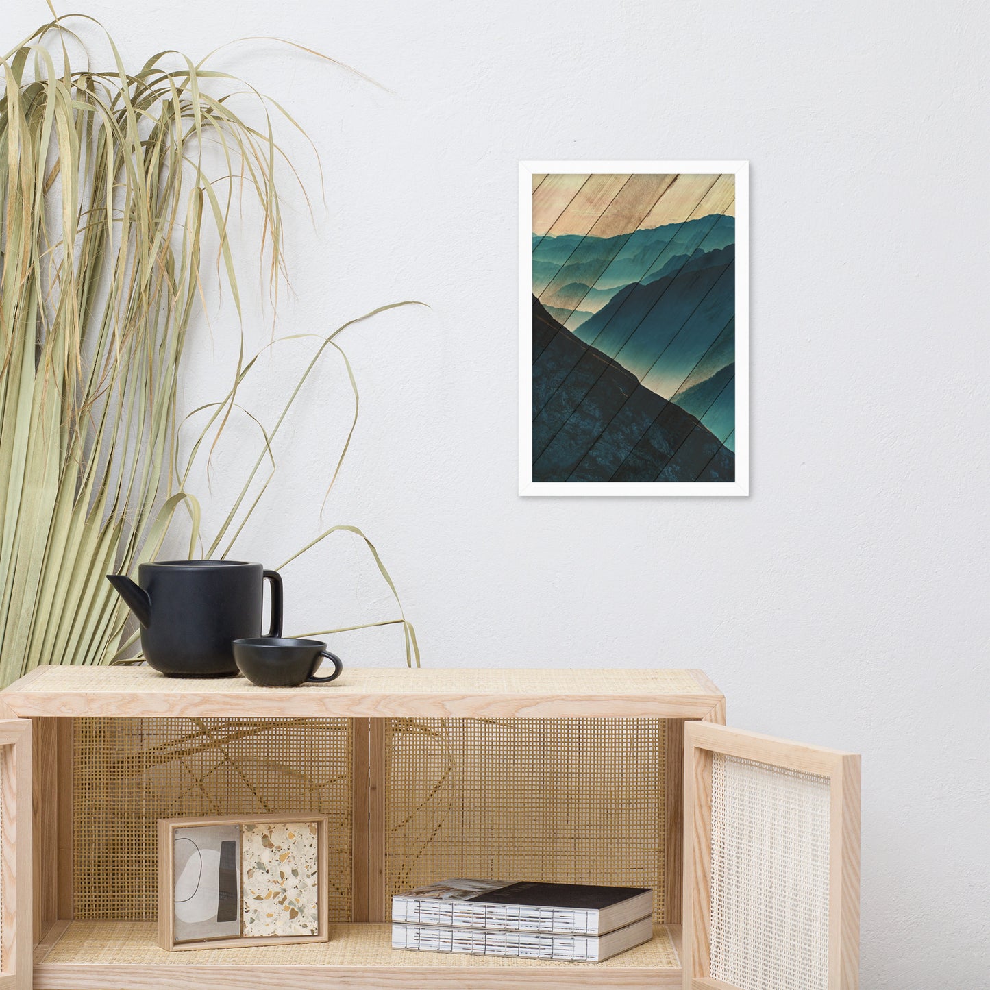 Faux Wood Misty Blue Silhouette Mountain Range Landscape Framed Photo Paper Wall Art Prints