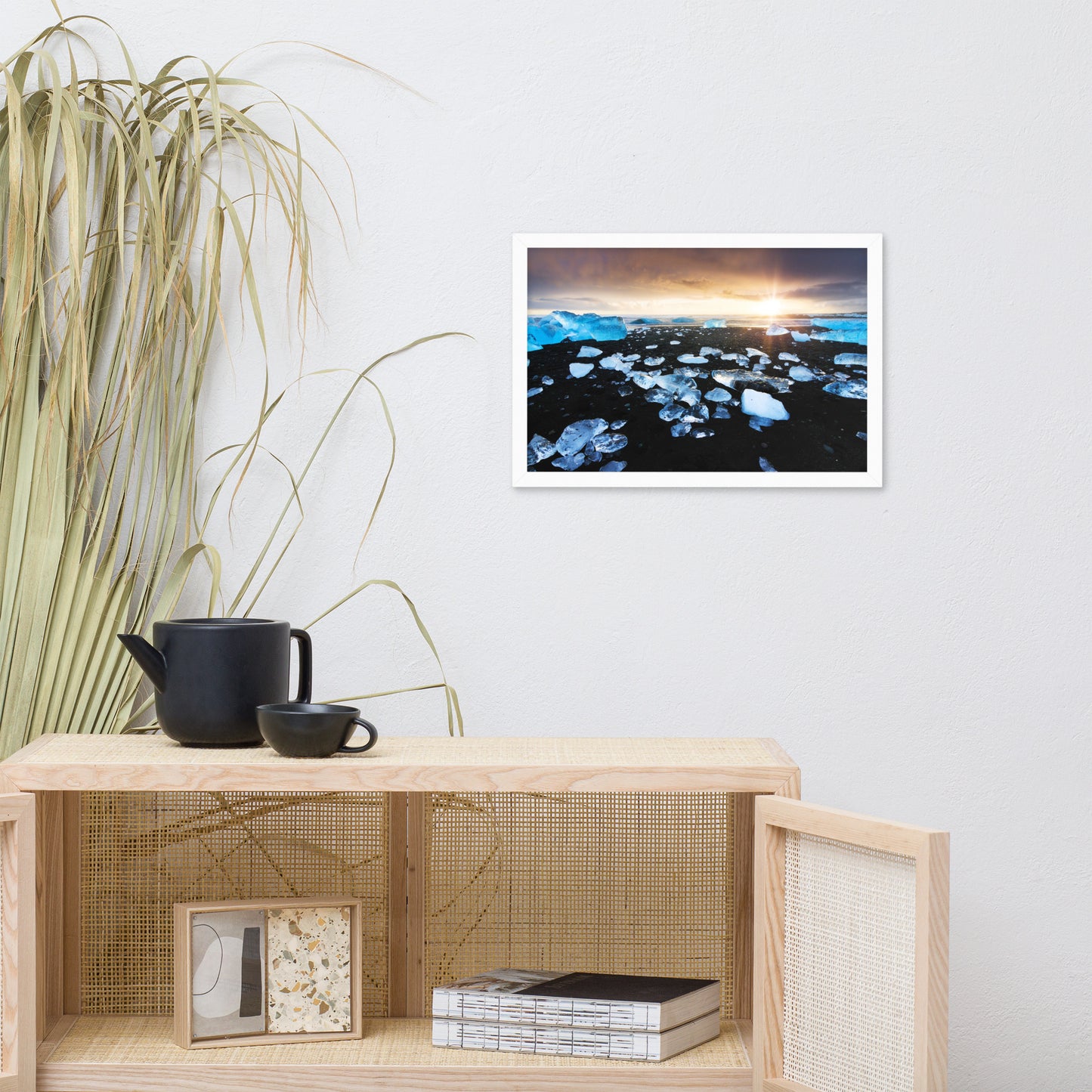 Fire and Ice Black Sand Sunset Coastal Landscape Framed Photo Paper Wall Art Prints