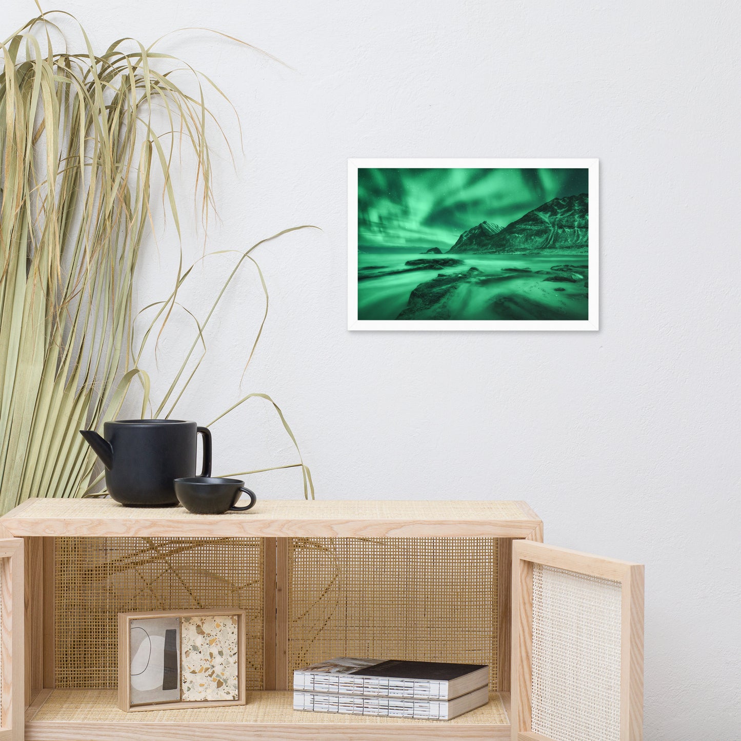Green Northern Lights and Mountain Coast Framed Wall Art Prints