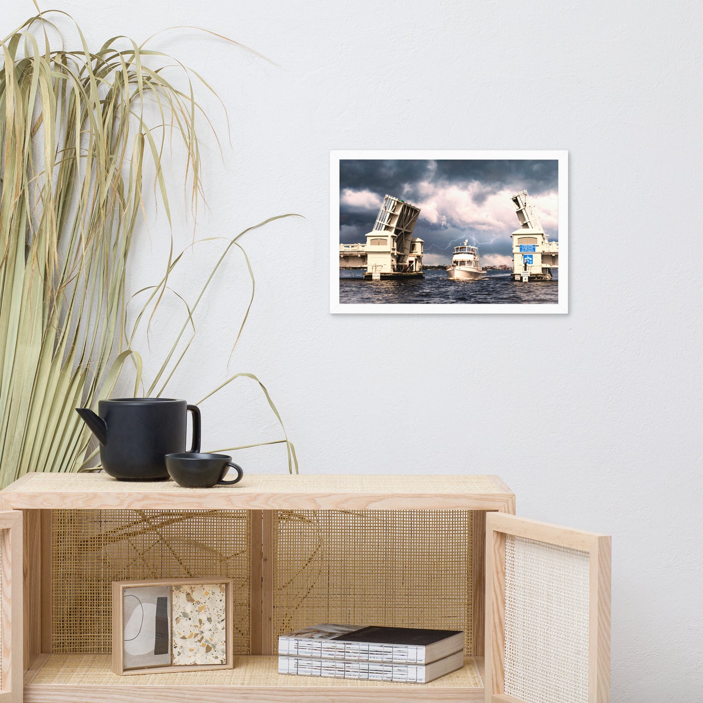 Stormy Drawbridge and Boat Racing Towards the Sun Coastal Landscape Photograph Framed Wall Art Print