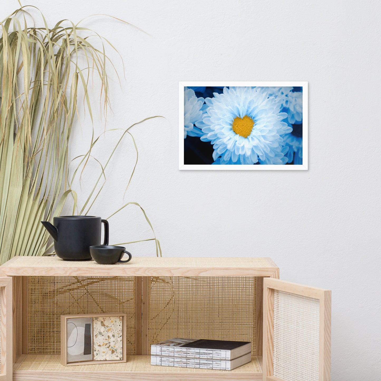 Blue Tinted Chrysanthemums For Ukraine Refugees Floral Nature Photo Framed Wall Art Print