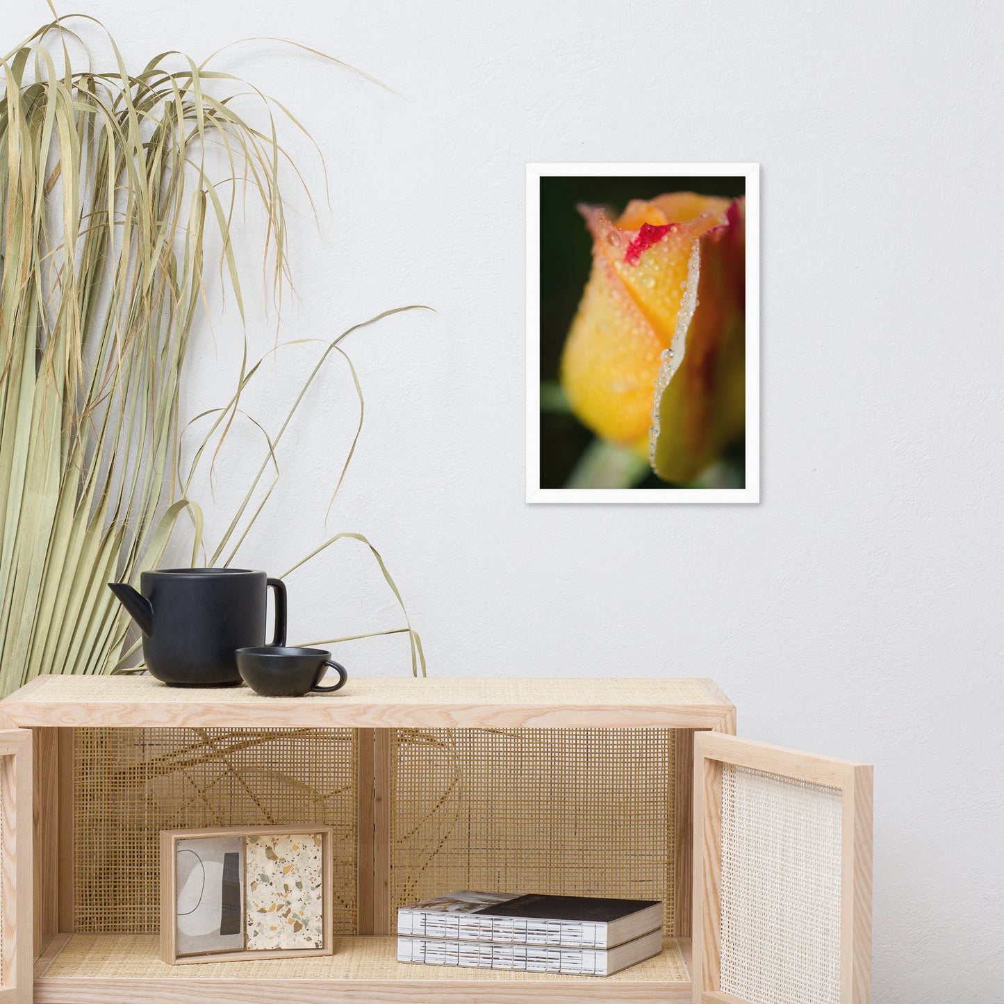 Dew on Yellow Rose Floral Nature Photo Framed Wall Art Print