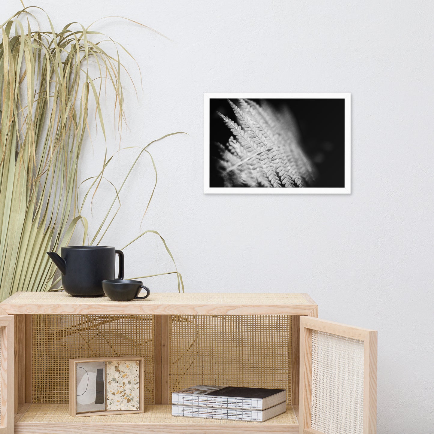 Fern Leaf in the Sunlight Black and White Botanical Nature Photo Framed Wall Art Print