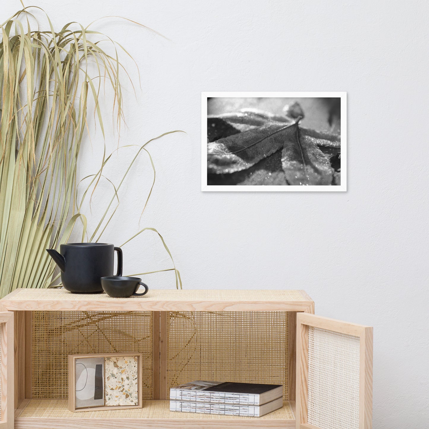 Frost Covered Leaf Black and White Botanical Nature Photo Framed Wall Art Print