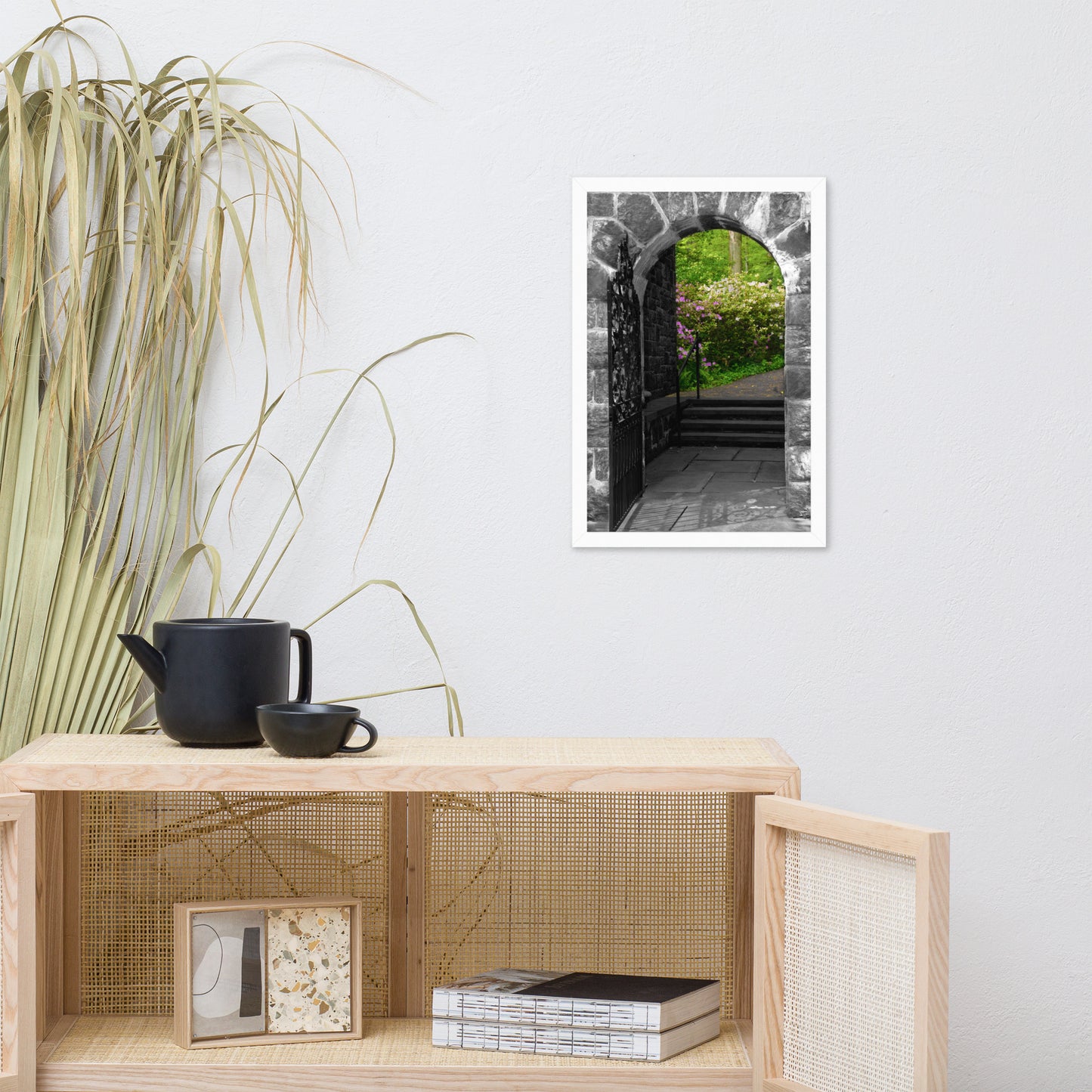 Garden Entryway Black and White Floral Nature Photo Framed Wall Art Print