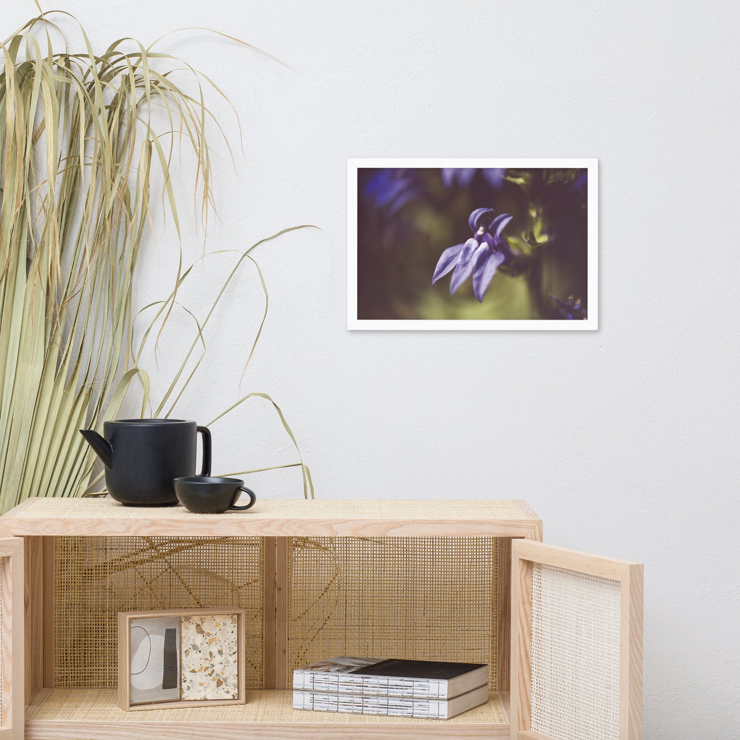 Dramatic Blue Lobelia, Blue Cardinal Flower - Abstract Merlot Effect Floral Nature Photo Framed Wall Art Print