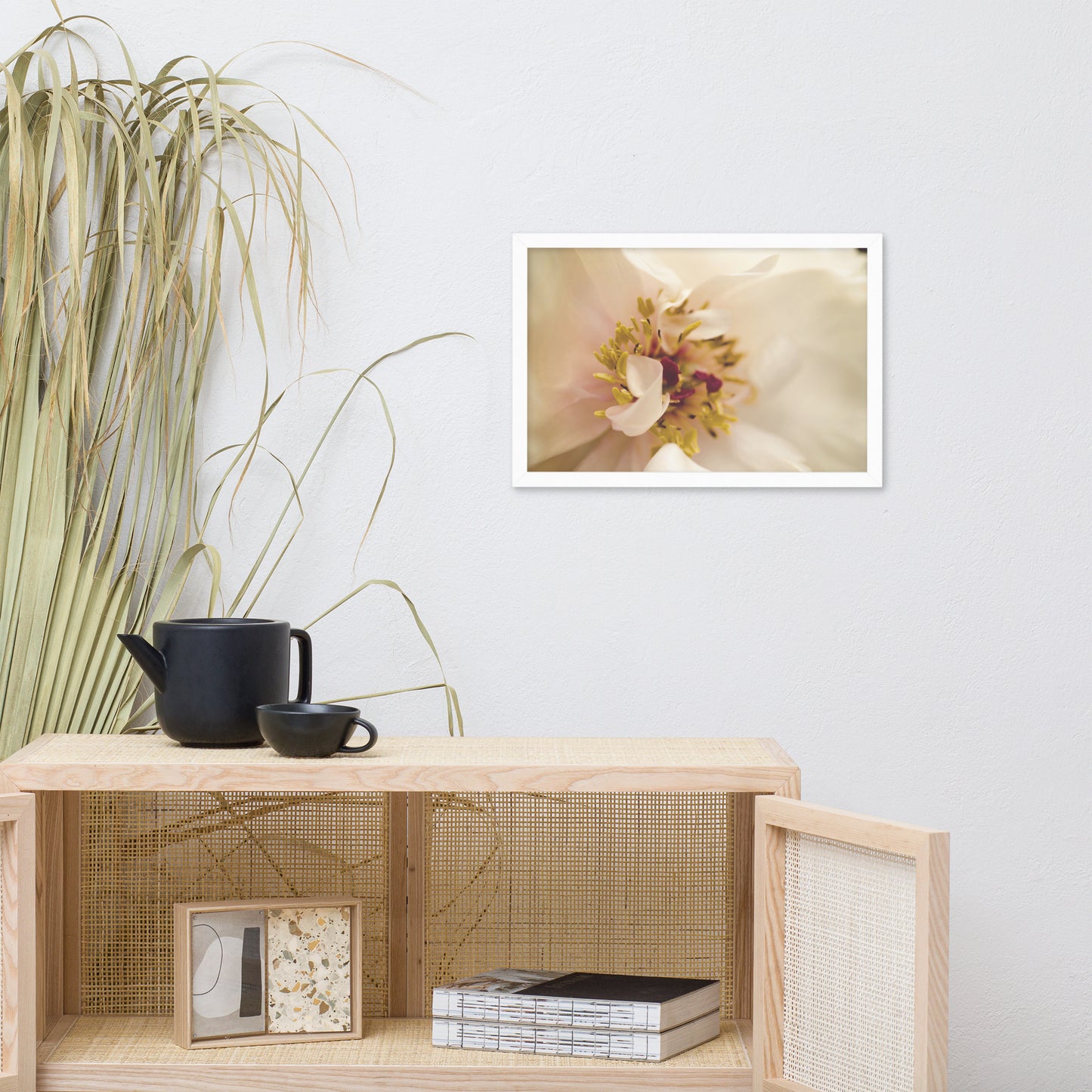 Eye of Peony Moody Midnight Floral Nature Photo Framed Wall Art Print