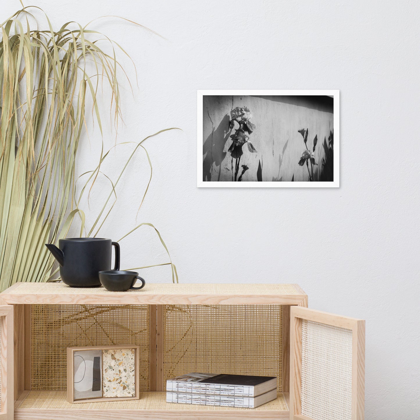 Iris on Wall Black and White Floral Nature Photo Framed Wall Art Print