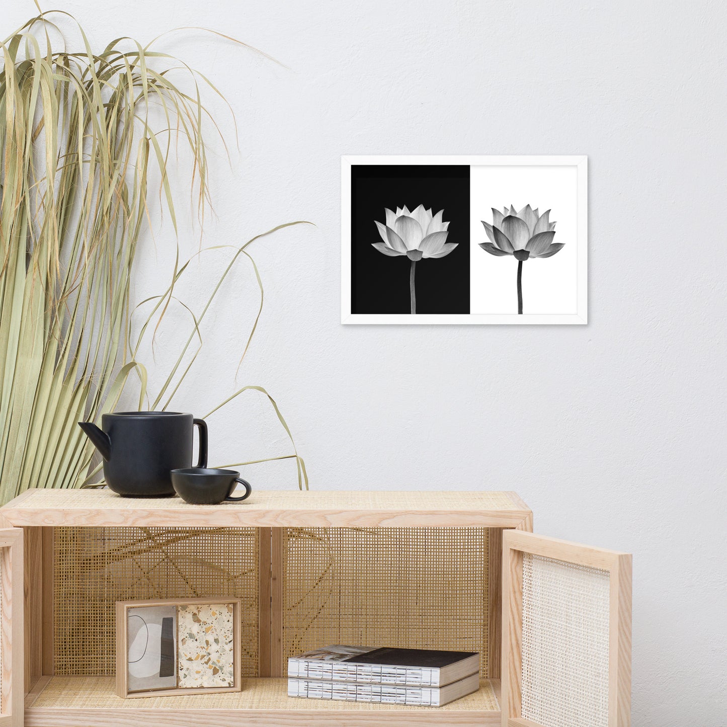 Lotus Flower on Black and White Background Floral Nature Framed Photo Paper Poster