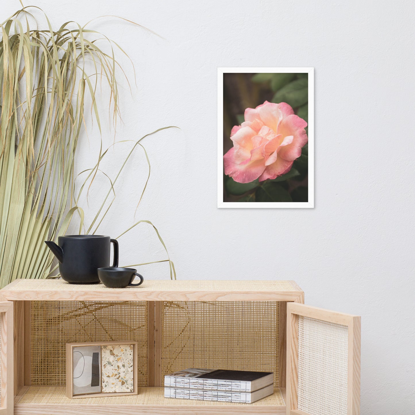 Pink and White Softened Rose Floral Nature Photo Framed Wall Art Print