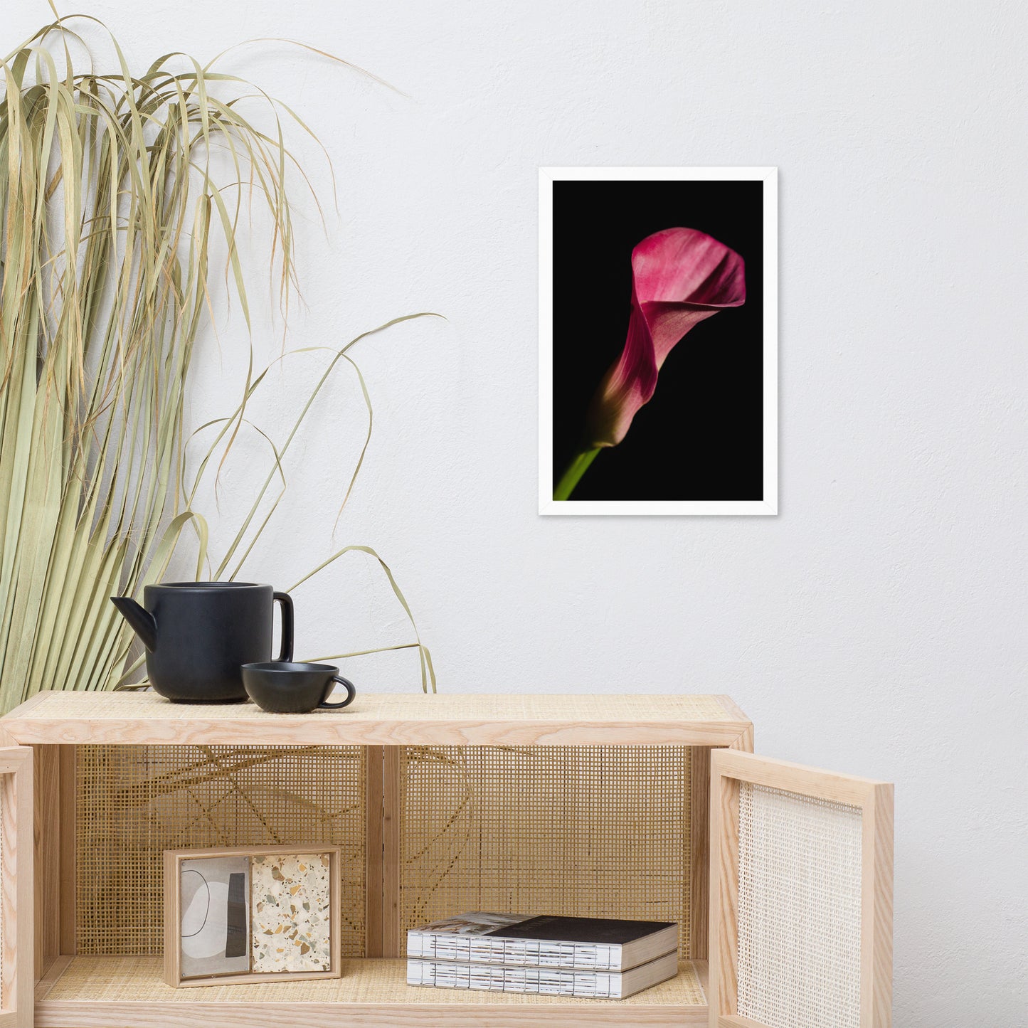 Pink Calla Lily Flower on Black Floral Nature Photo Framed Wall Art Print