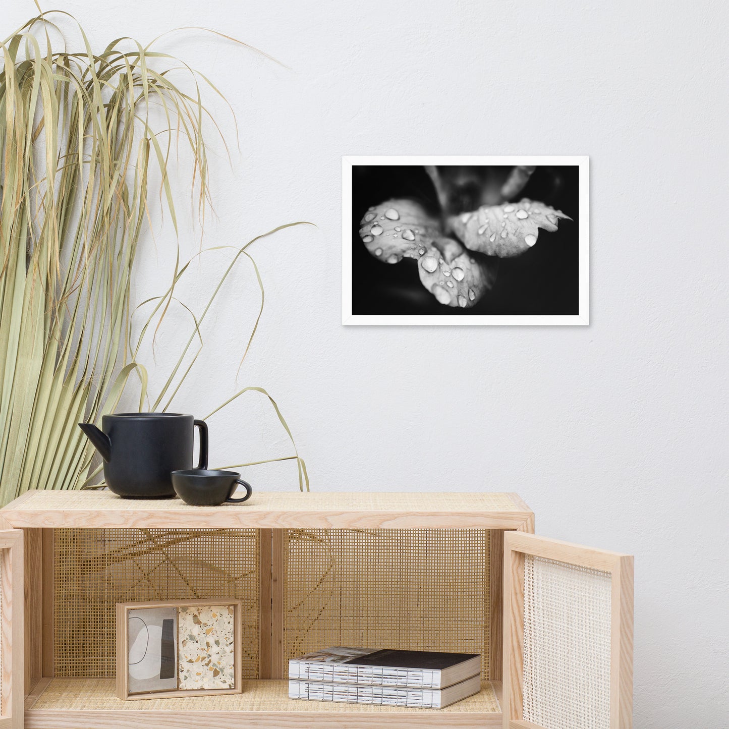 Raindrops on Wild Rose Black and White Floral Nature Photo Framed Wall Art Print