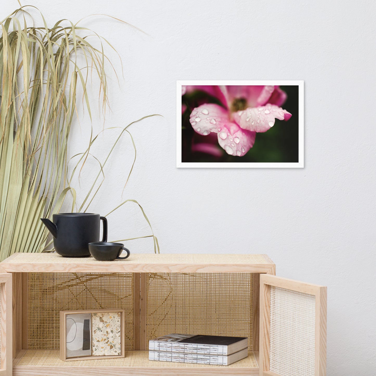 Raindrops on Wild Rose Color Floral Nature Photo Framed Wall Art Print