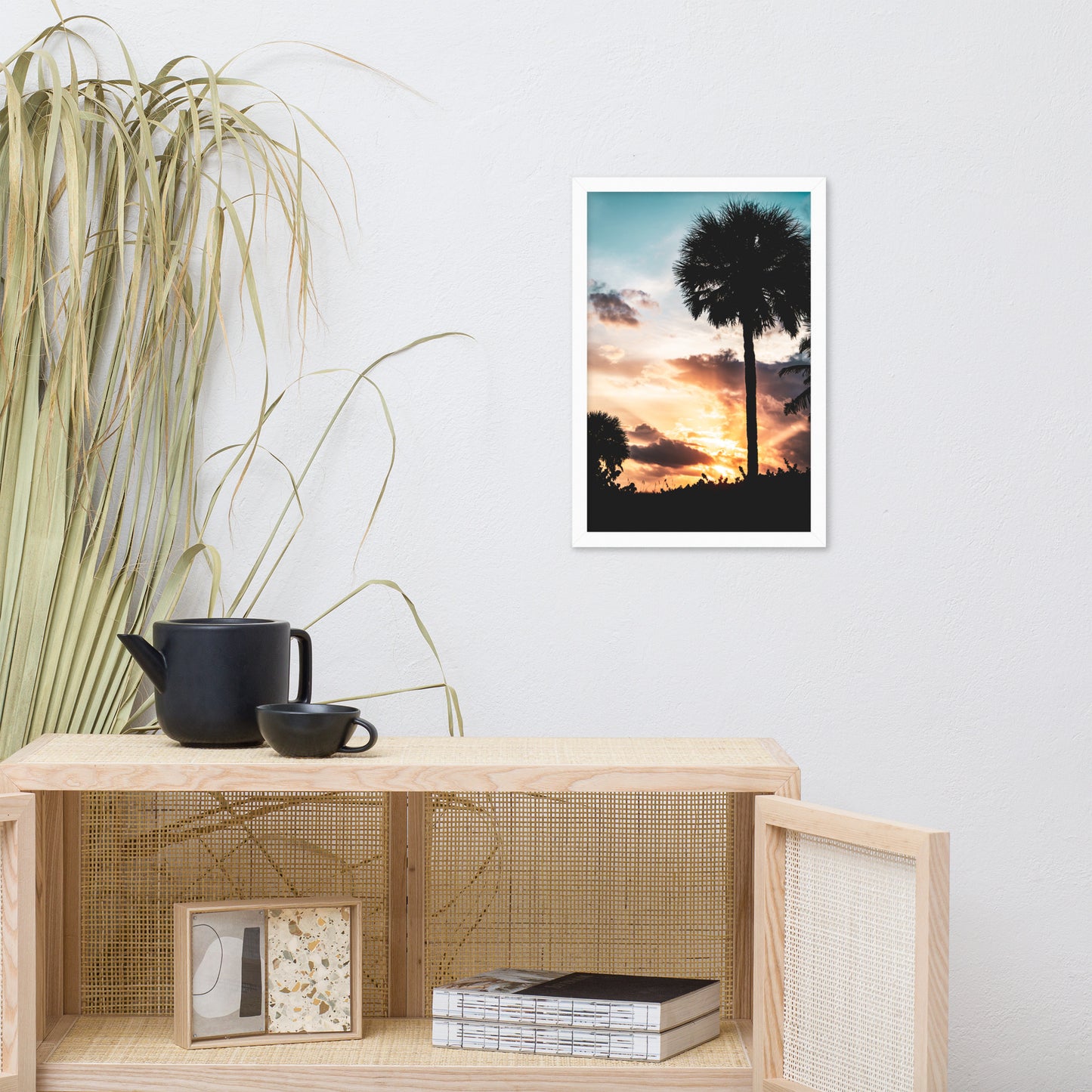 Palm Tree Silhouettes and Sunset Botanical Nature Photo Framed Wall Art Print