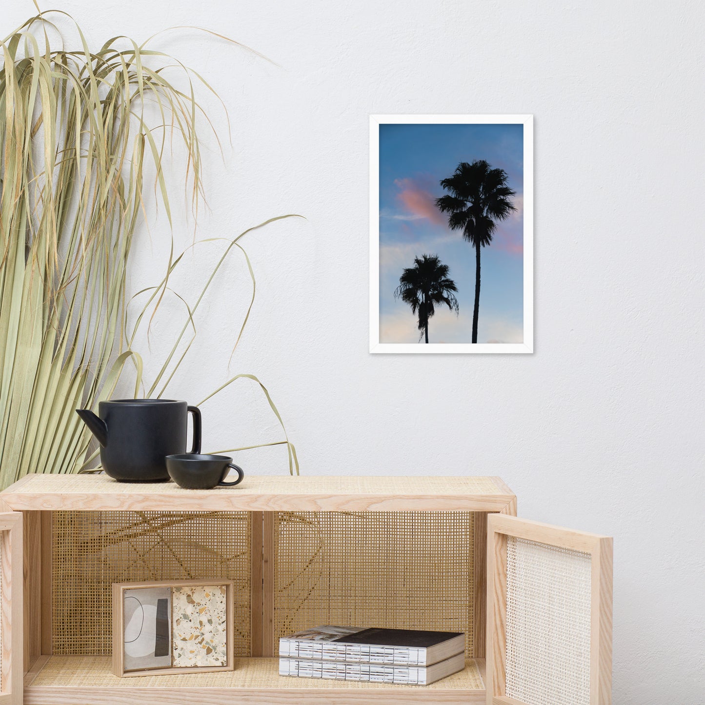 Palm Tree Silhouettes on Blue Sky Botanical Nature Photo Framed Wall Art Print