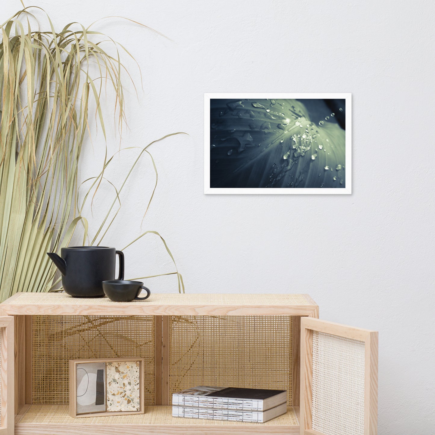 Rain Dropping on Canna Leaf Botanical Nature Photo Framed Wall Art Print