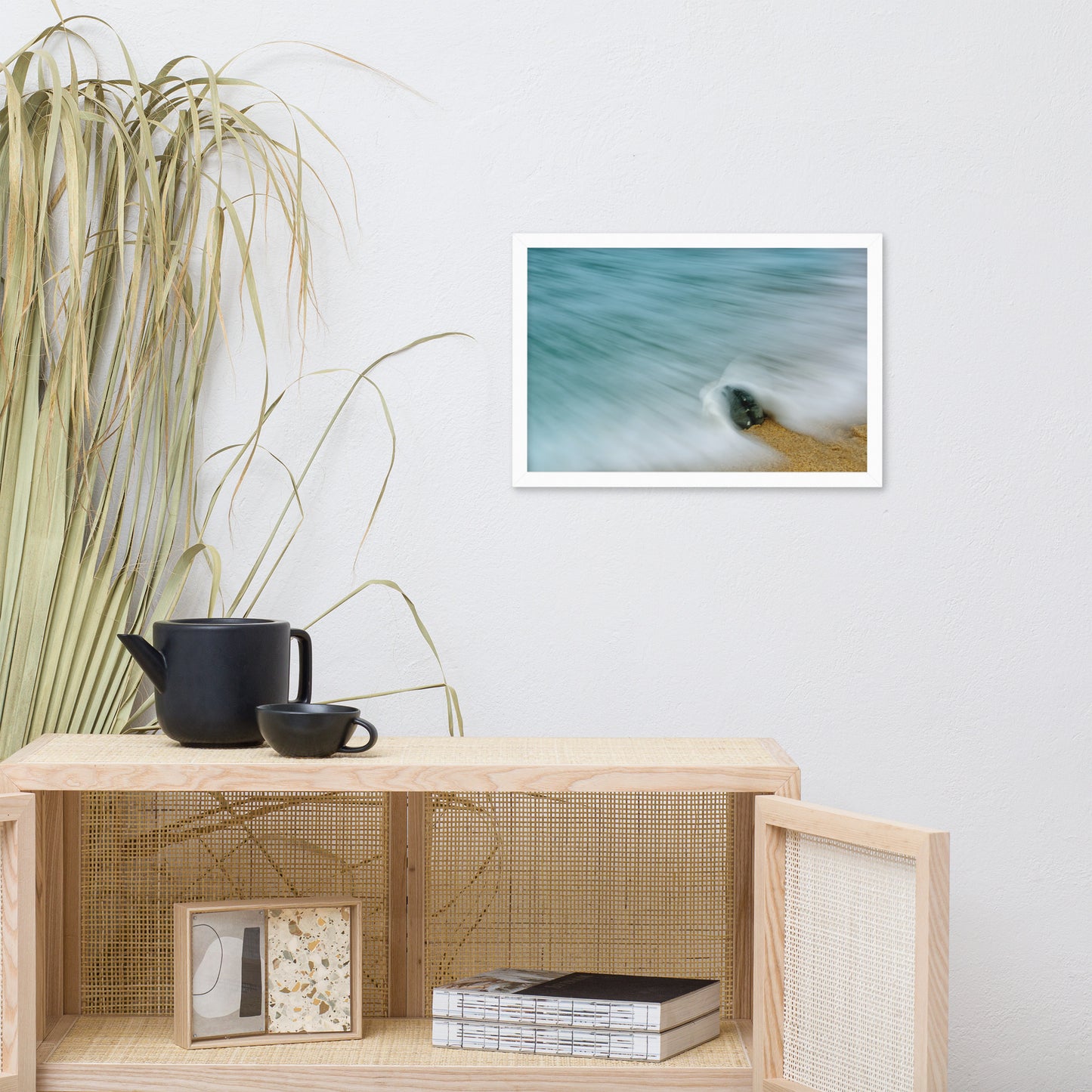 Whelk Seashell and Misty Wave Coastal Nature Photo Framed Wall Art Print