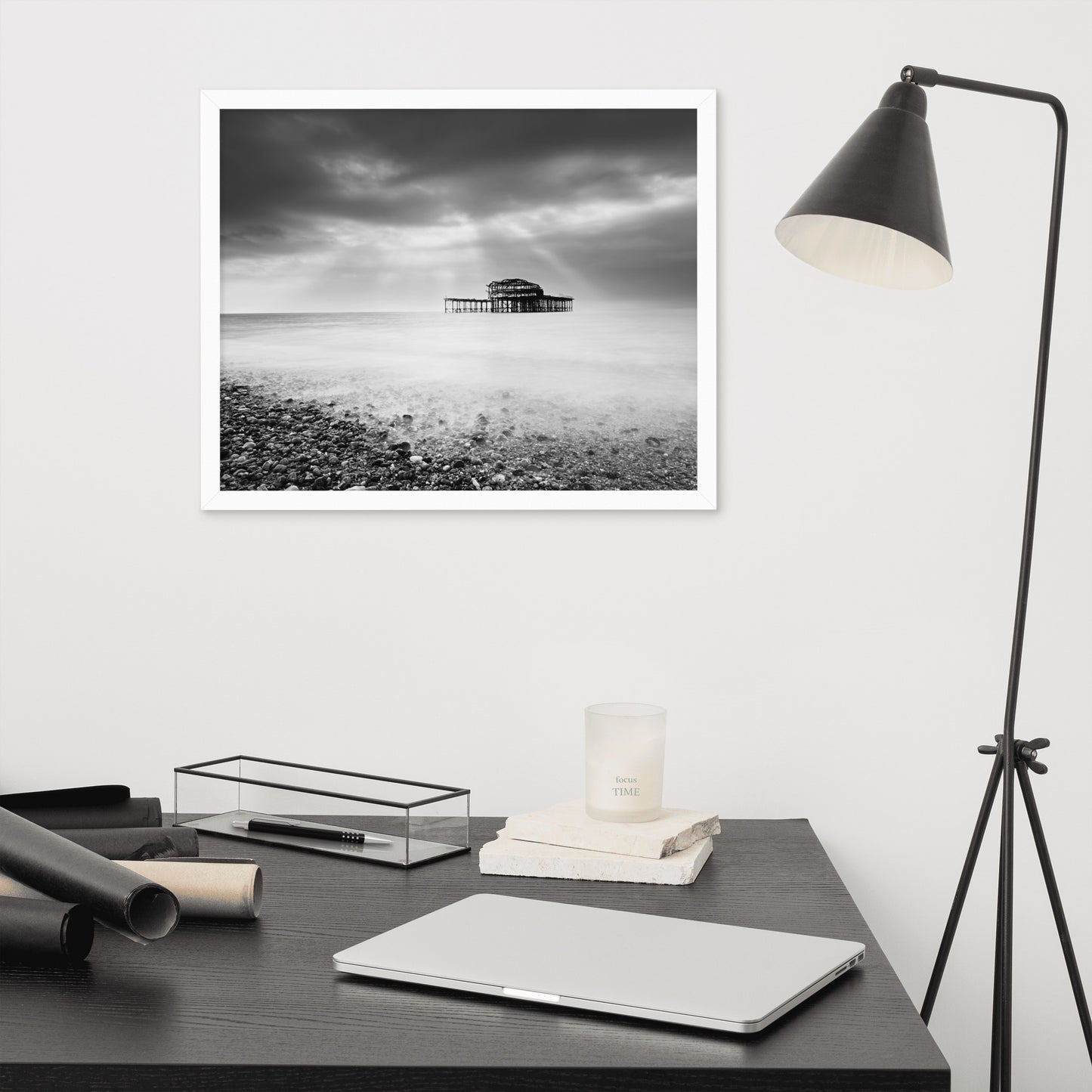 Calming Artwork For Office: Abandoned West Pier Coastal Seascape Landscape Black and White Photograph Framed Wall Art Print